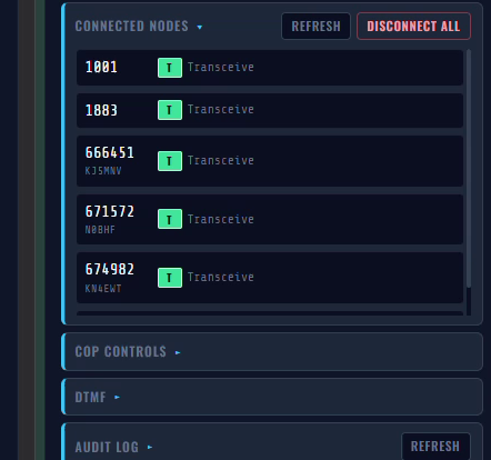 The panel's connected-nodes list: five live connections, each transceiving.