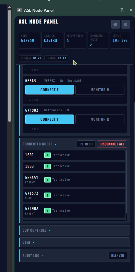 The ASL Node Panel showing node 637050, five keys today, six connected nodes, and a list of live connections